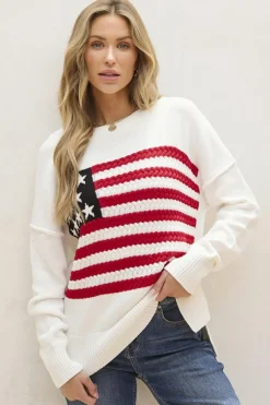 Discount Dear-Lover American Flag Cable Knit Drop Shoulder Sweater White