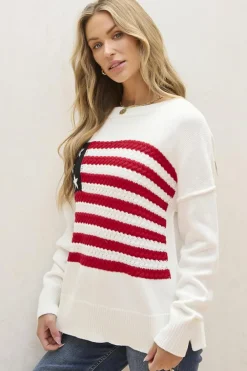 Discount Dear-Lover American Flag Cable Knit Drop Shoulder Sweater White