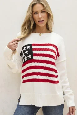 Discount Dear-Lover American Flag Cable Knit Drop Shoulder Sweater White