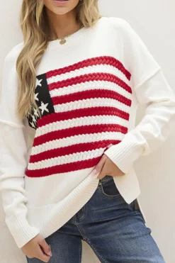 Discount Dear-Lover American Flag Cable Knit Drop Shoulder Sweater White