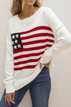 Discount Dear-Lover American Flag Cable Knit Drop Shoulder Sweater White