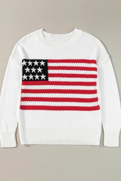 Discount Dear-Lover American Flag Cable Knit Drop Shoulder Sweater White