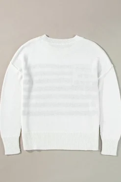 Discount Dear-Lover American Flag Cable Knit Drop Shoulder Sweater White