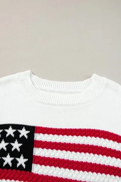 Discount Dear-Lover American Flag Cable Knit Drop Shoulder Sweater White