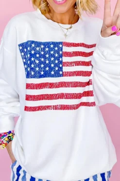 Discount Dear-Lover American Flag Graphic Drop Shoulder Loose Sweatshirt White