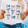 New Dear-Lover American Flag Pattern Bowknot Graphic Tee White