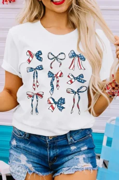New Dear-Lover American Flag Pattern Bowknot Graphic Tee White
