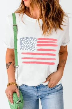 Online Dear-Lover American Flag Pattern Crew Neck Short Sleeve Tee White