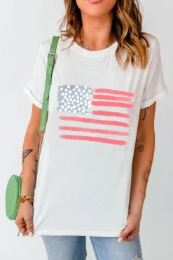 Online Dear-Lover American Flag Pattern Crew Neck Short Sleeve Tee White