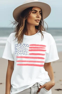 Online Dear-Lover American Flag Pattern Crew Neck Short Sleeve Tee White