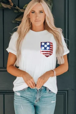 Outlet Dear-Lover American Flag Sequin Pocket Patched T Shirt White