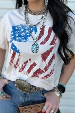 Sale Dear-Lover American Flag Star Graphic Crew Neck T Shirt White
