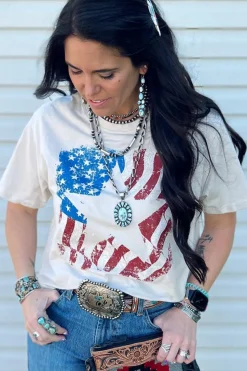 Sale Dear-Lover American Flag Star Graphic Crew Neck T Shirt White