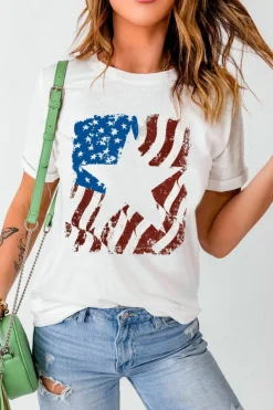 Sale Dear-Lover American Flag Star Graphic Crew Neck T Shirt White