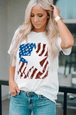 Sale Dear-Lover American Flag Star Graphic Crew Neck T Shirt White