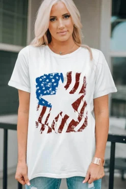 Sale Dear-Lover American Flag Star Graphic Crew Neck T Shirt White