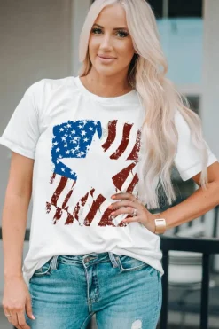 Sale Dear-Lover American Flag Star Graphic Crew Neck T Shirt White