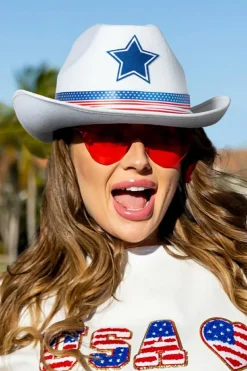 Online Dear-Lover American Flag Theme Print Wide Brim Cowboy Hat White