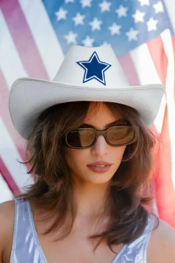 Online Dear-Lover American Flag Theme Print Wide Brim Cowboy Hat White