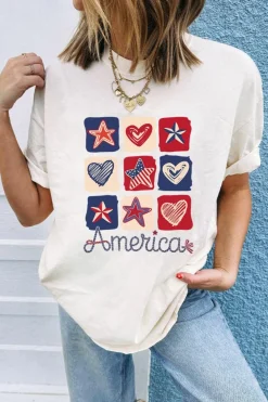 New Dear-Lover American Heart Star Checkered Graphic Tee White