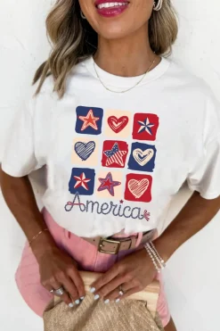 New Dear-Lover American Heart Star Checkered Graphic Tee White