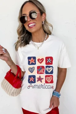 New Dear-Lover American Heart Star Checkered Graphic Tee White