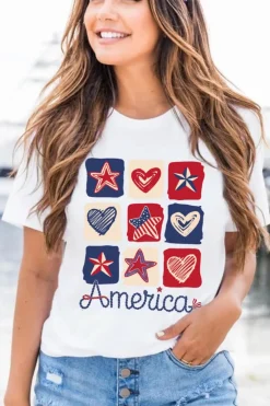 New Dear-Lover American Heart Star Checkered Graphic Tee White