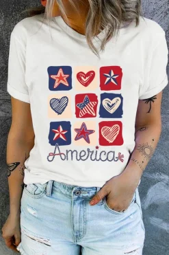 New Dear-Lover American Heart Star Checkered Graphic Tee White