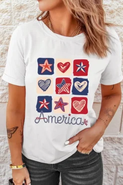 New Dear-Lover American Heart Star Checkered Graphic Tee White