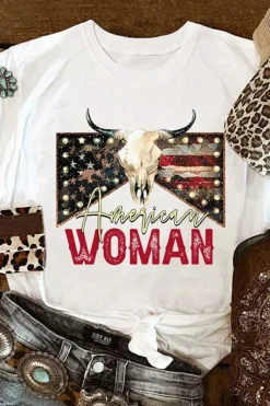 Fashion Dear-Lover American Woman Bull Skull Graphic T Shirt White