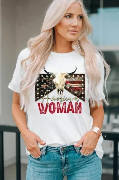 Fashion Dear-Lover American Woman Bull Skull Graphic T Shirt White