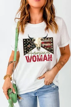 Fashion Dear-Lover American Woman Bull Skull Graphic T Shirt White