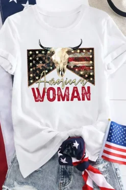 Fashion Dear-Lover American Woman Bull Skull Graphic T Shirt White