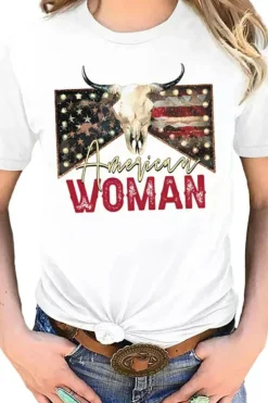Fashion Dear-Lover American Woman Bull Skull Graphic T Shirt White