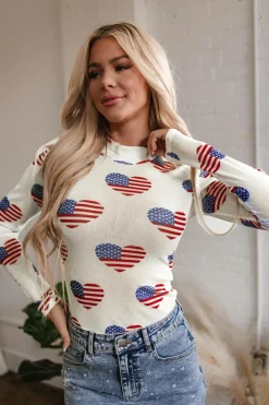 Online Dear-Lover Americana Glitter Mesh Long Sleeve Bodysuit White