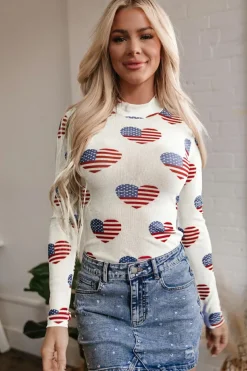Online Dear-Lover Americana Glitter Mesh Long Sleeve Bodysuit White