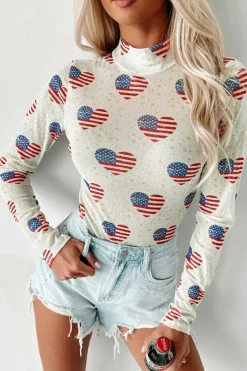 Online Dear-Lover Americana Glitter Mesh Long Sleeve Bodysuit White