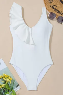Online Dear-Lover Asymmetric Ruffle Trim Tie Waist One Piece Swimsuit White