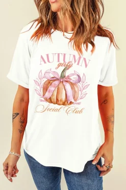 Sale Dear-Lover Autumn Girly Thanksgiving Bowknot Pumpkin Graphic T Shirt White