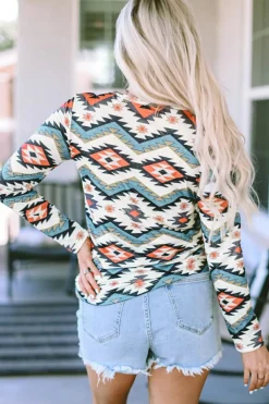 Outlet Dear-Lover Aztec Geometric Print Long Sleeve Henley Top White