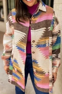 Fashion Dear-Lover Aztec Print Button Up Shacket White