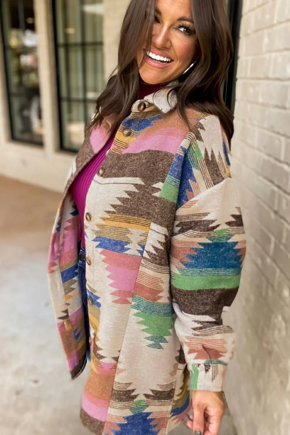 Fashion Dear-Lover Aztec Print Button Up Shacket White