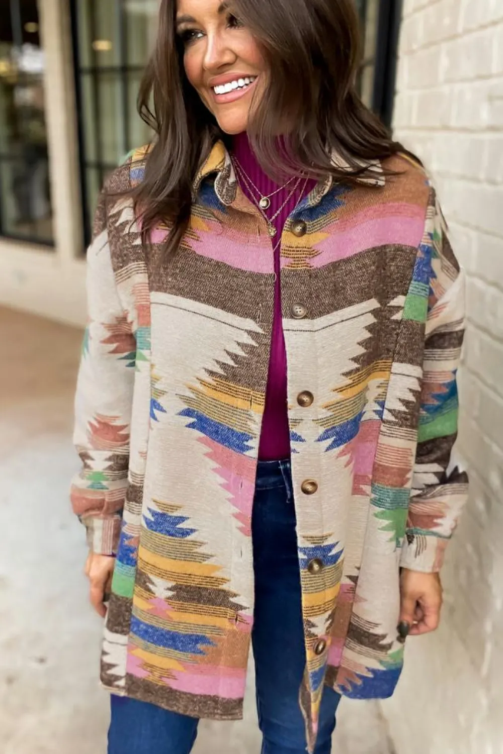Fashion Dear-Lover Aztec Print Button Up Shacket White