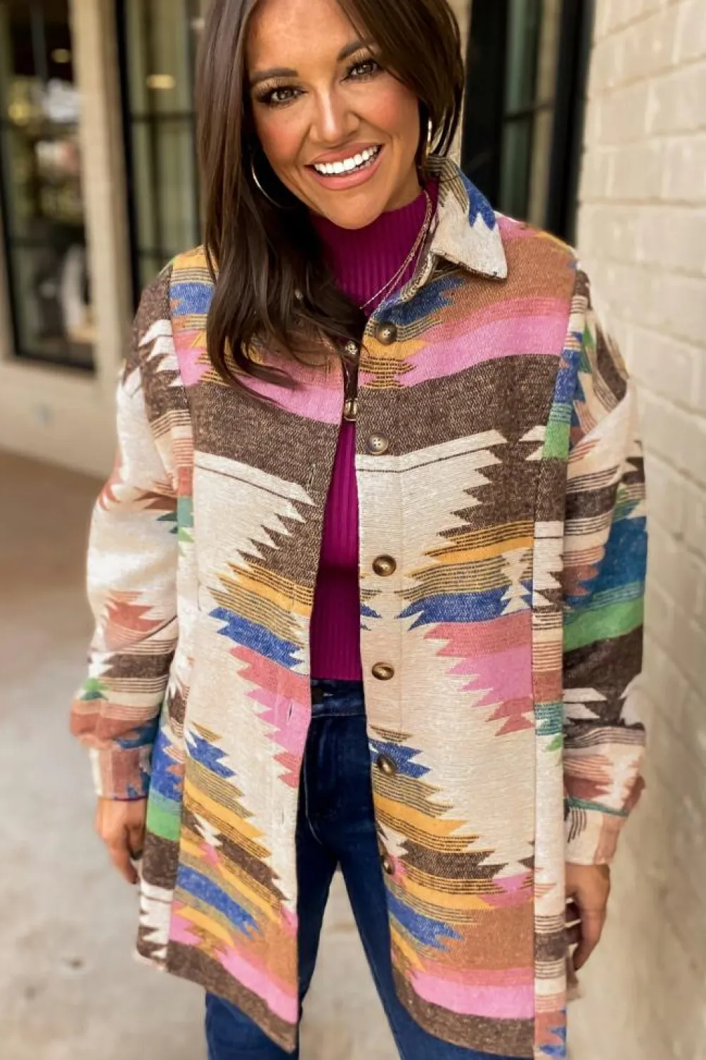 Fashion Dear-Lover Aztec Print Button Up Shacket White