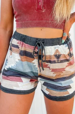 Clearance Dear-Lover Aztec Print Drawstring Waist Casual Shorts White