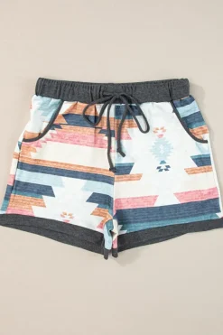 Clearance Dear-Lover Aztec Print Drawstring Waist Casual Shorts White