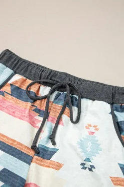 Clearance Dear-Lover Aztec Print Drawstring Waist Casual Shorts White