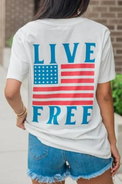 New Dear-Lover Back American Flag LIVE FREE Graphic T Shirt White