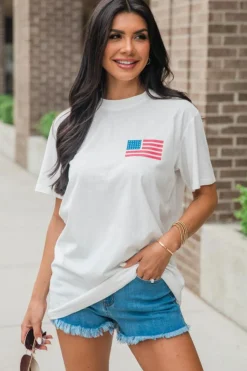 New Dear-Lover Back American Flag LIVE FREE Graphic T Shirt White