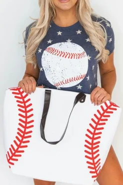 Outlet Dear-Lover Baseball Pattern Canvas Large Tote Bag White